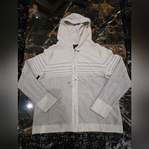 St. John Cashmere Stripe Hooded Zip Front Sequin Cardigan Sz L Nuetral & Gray